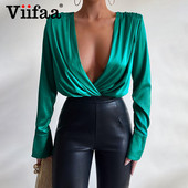 Κομψό φορμάκι με μακρυμάνικο πουκάμισο για άνοιξη 2022 Viifaa Ruched με σέξι σώμα με μαξιλαράκι ώμου από ψεύτικο μεταξωτό πάρτι