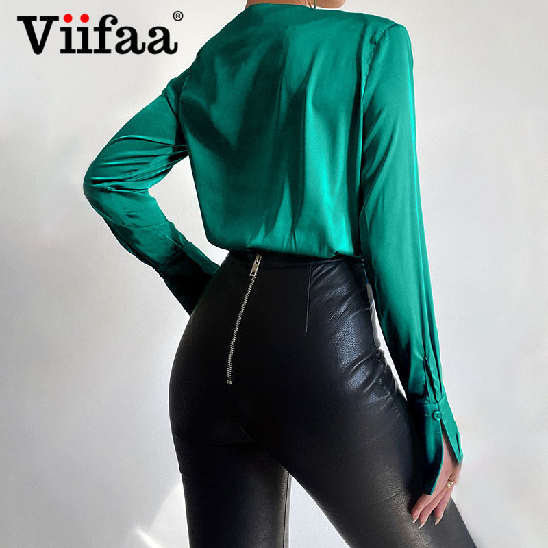 Κομψό φορμάκι με μακρυμάνικο πουκάμισο για άνοιξη 2022 Viifaa Ruched με σέξι σώμα με μαξιλαράκι ώμου από ψεύτικο μεταξωτό πάρτι
