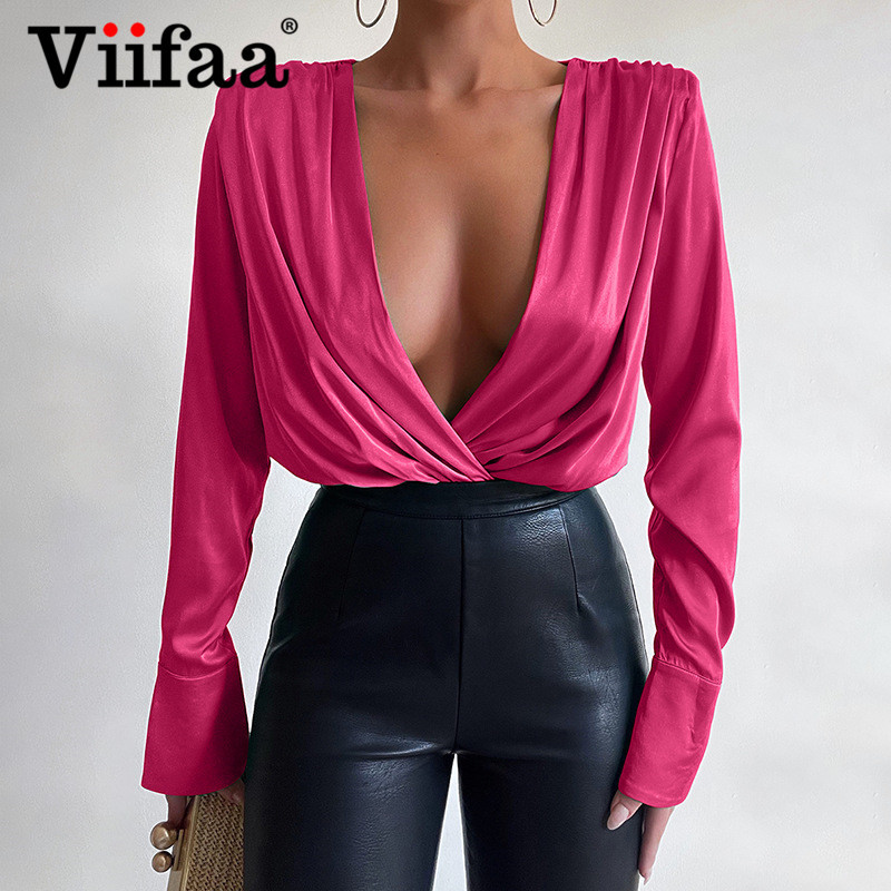 Κομψό φορμάκι με μακρυμάνικο πουκάμισο για άνοιξη 2022 Viifaa Ruched με σέξι σώμα με μαξιλαράκι ώμου από ψεύτικο μεταξωτό πάρτι