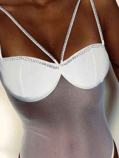 Viifaa Detaliu cu strasuri Top sexy cu vedere prin plasă Body pentru femei Rave Festival Îmbrăcăminte Mono-piesă Tinuta de club