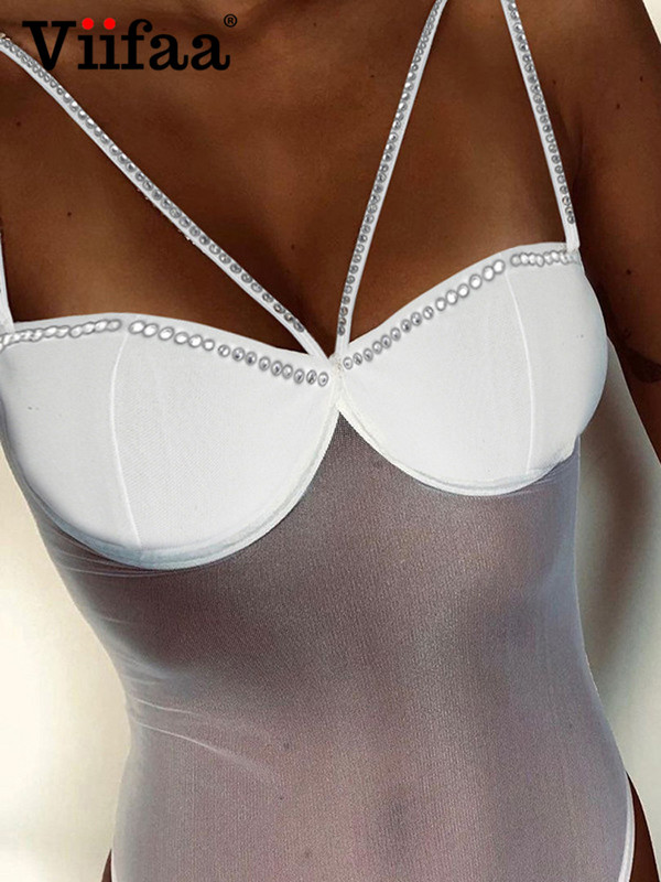 Viifaa Detaliu cu strasuri Top sexy cu vedere prin plasă Body pentru femei Rave Festival Îmbrăcăminte Mono-piesă Tinuta de club