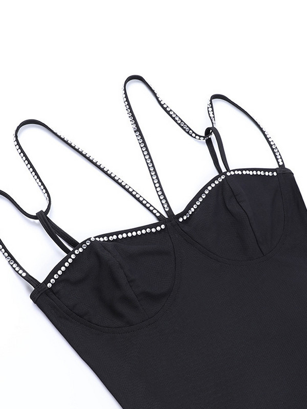 Viifaa Detaliu cu strasuri Top sexy cu vedere prin plasă Body pentru femei Rave Festival Îmbrăcăminte Mono-piesă Tinuta de club