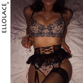Ellolace Fancy Lenjerie Volane Jartiere Costum 3 piese Sexy Lenjerie de corp Femei Dantela de lux Floral Hot Naked Intimate