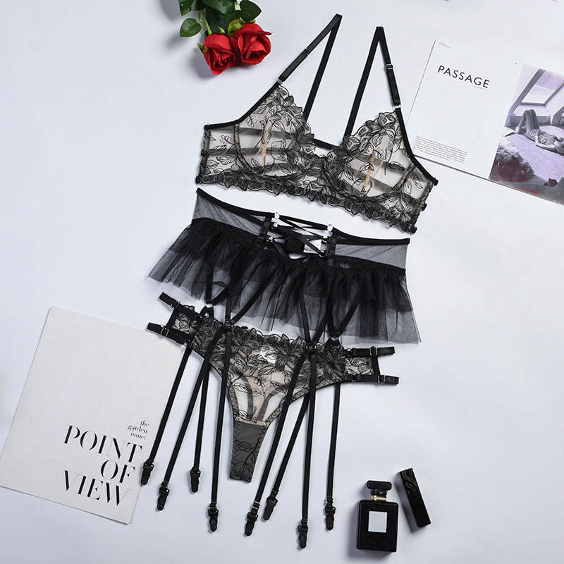 Ellolace Fancy Lenjerie Volane Jartiere Costum 3 piese Sexy Lenjerie de corp Femei Dantela de lux Floral Hot Naked Intimate