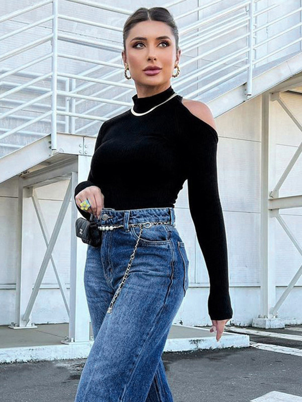 2022 Jesen Zima Ženski seksi bodi bez leđa Jednobojni pleteni gornji dijelovi tijela dugih rukava za žene