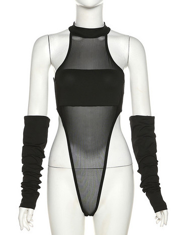 2022 Есен Зима Дамски едноцветни черни секси облегащи мрежести прозрачни бодита с дълъг ръкав Боди за жени