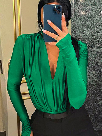 2022 Зима Пролет Дамско секси боди с дълбоко V-образно деколте Ежедневно едноцветно зелено боди с дълъг ръкав за жени