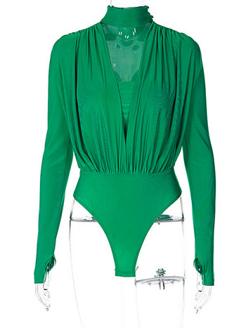 2022 Χειμερινή Άνοιξη Γυναικεία σέξι κορμάκι με βαθύ V λαιμόκοψη Casual μασίφ πράσινο μακρυμάνικο μπλουζάκι για γυναίκες