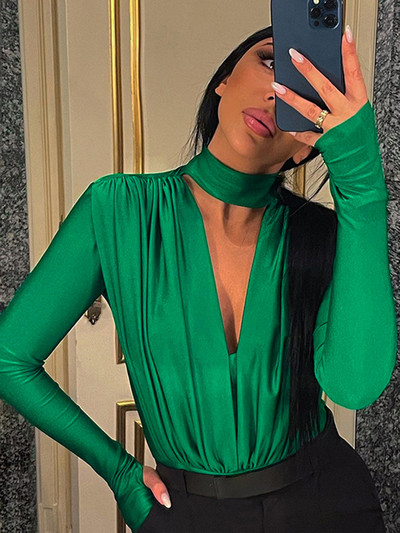 2022 Χειμερινή Άνοιξη Γυναικεία σέξι κορμάκι με βαθύ V λαιμόκοψη Casual μασίφ πράσινο μακρυμάνικο μπλουζάκι για γυναίκες