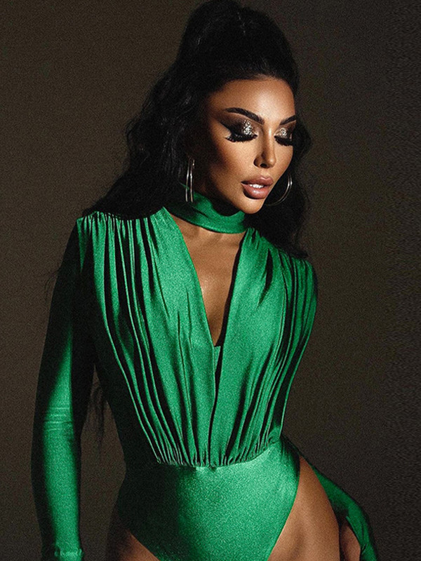 2022, iarnă, primăvară, body sexy cu decolteu în V adânc, ocazional, verde solid, cu mânecă lungă, topuri pentru femei