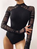2023 m. žiemos pavasario moteriškas seksualus tinklinis kūno kostiumas ilgomis rankovėmis, plonas Bodycon vientisas juodas viršutinės kūno dalies moterims