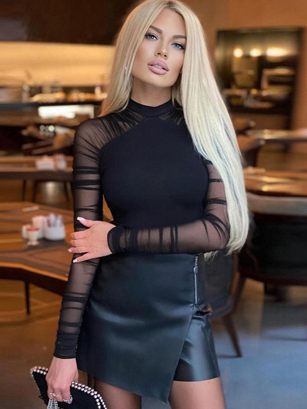 2023 m. žiemos pavasario moteriškas seksualus tinklinis kūno kostiumas ilgomis rankovėmis, plonas Bodycon vientisas juodas viršutinės kūno dalies moterims