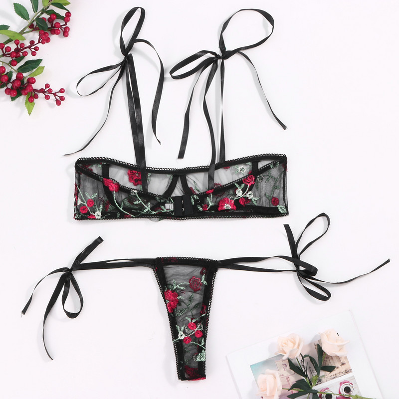 Naiste aluspesu must rinnahoidja ja aluspükste komplekt läbipaistev rinnahoidja komplekt pesu Kawaii kirsi tikandiga aluspesu naiste rinnahoidja voodrita