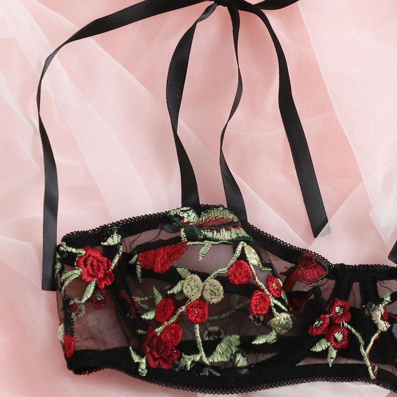 Naiste aluspesu must rinnahoidja ja aluspükste komplekt läbipaistev rinnahoidja komplekt pesu Kawaii kirsi tikandiga aluspesu naiste rinnahoidja voodrita