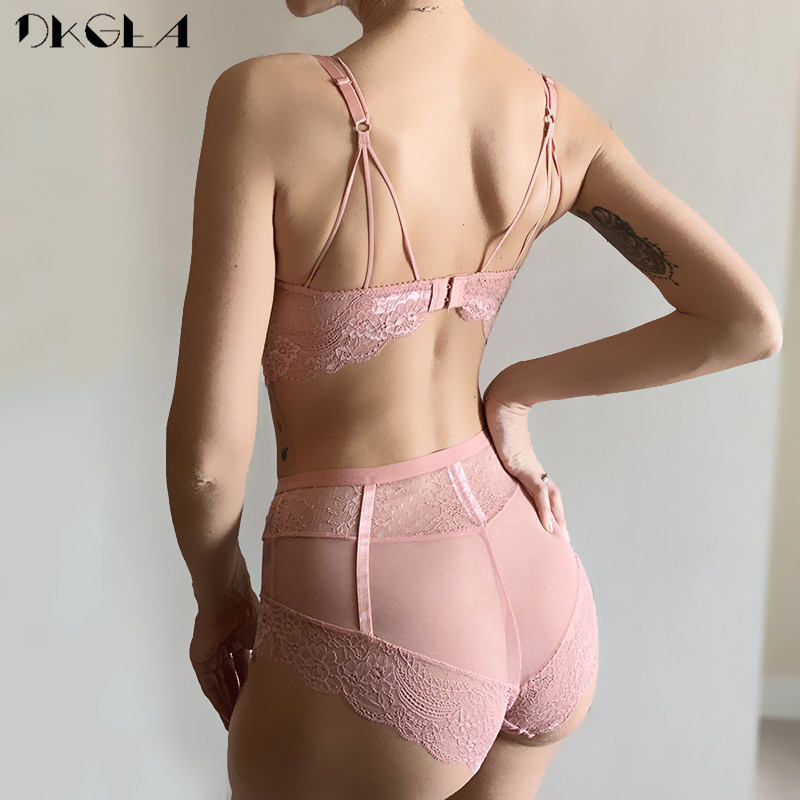 Νέο ψηλόμεσο γκρι σουτιέν Σετ εσώρουχα με κέντημα στηθόδεσμος μόδας Διαφανές μαύρο βαθύ V δαντέλα Εσώρουχα Γυναικεία Σετ σουτιέν Σέξι