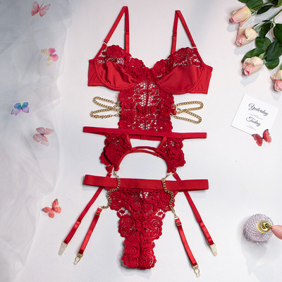 Yimunancy Set erotic din dantelă florală din 2 bucăți Set de lenjerie decorată cu lanț de modă pentru femei Set de slip sexy