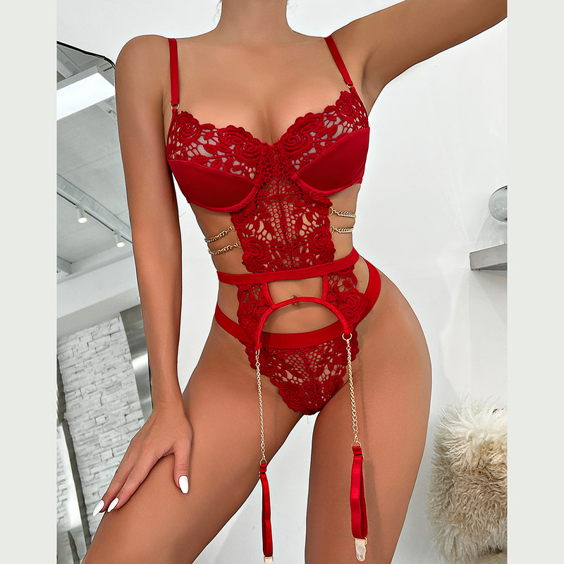 Yimunancy Set erotic din dantelă florală din 2 bucăți Set de lenjerie decorată cu lanț de modă pentru femei Set de slip sexy