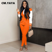 CM.YAYA Γυναικεία αθλητική φόρμα σε στυλ μπέιζμπολ με οδοντωτό λαιμό blazer κοστούμι παντελόνι που ταιριάζει σε δύο 2 τεμάχια σετ γραφείο Γυναικεία φούτερ