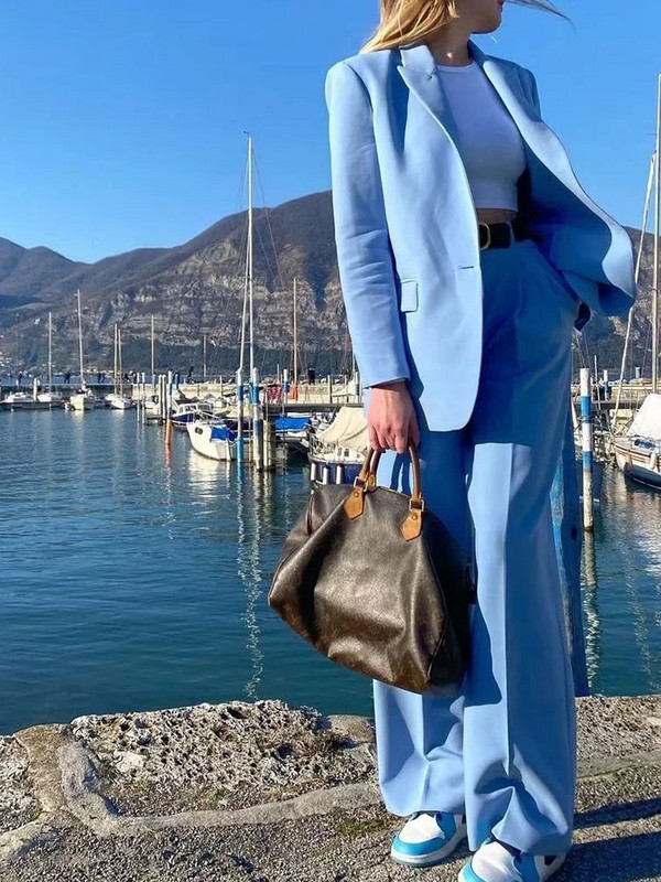 Costum cu pantaloni de damă Blazer albastru Costume cu pantaloni de primăvară Ținute formale pentru femei Office Lady Sets de pantaloni Jachetă de primăvară cu un singur nasture