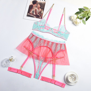 Yimunancy 3-Piece Contrast Color Lace Lingerie Set Mesh Patchwork Exotic Set Gold Chain Sexy Garter Brief Kit
