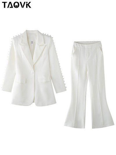 TAOVK Γυναικείο κοστούμι σακάκι Vintage Πέρλες Μπουφάν με χάντρες με παντελόνι Office Outwear Streetwear σετ 2 τεμαχίων