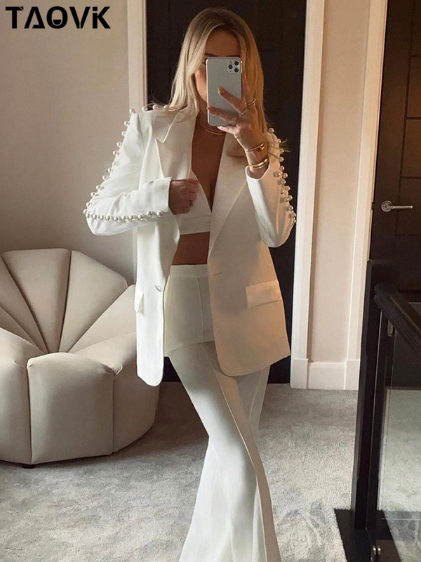 TAOVK Γυναικείο κοστούμι σακάκι Vintage Πέρλες Μπουφάν με χάντρες με παντελόνι Office Outwear Streetwear σετ 2 τεμαχίων