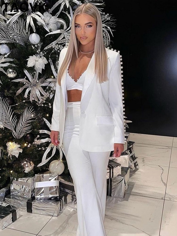 TAOVK Γυναικείο κοστούμι σακάκι Vintage Πέρλες Μπουφάν με χάντρες με παντελόνι Office Outwear Streetwear σετ 2 τεμαχίων