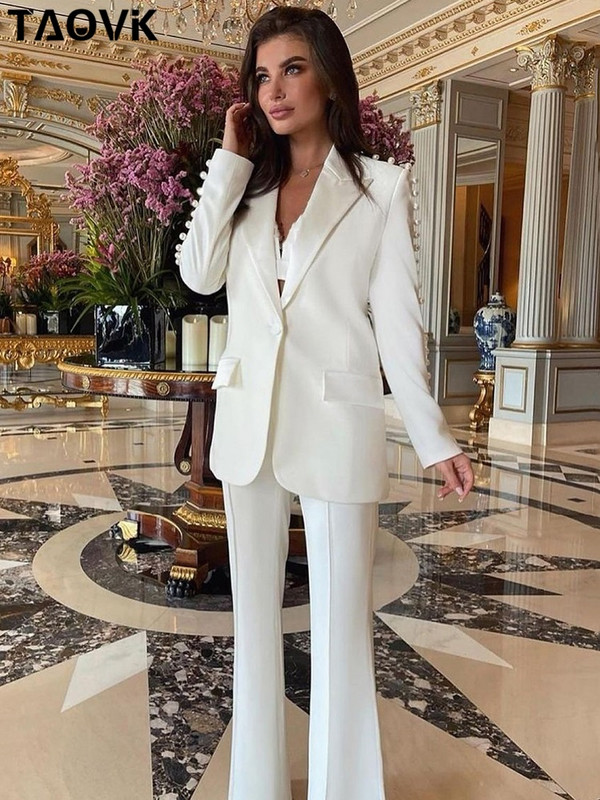 TAOVK Γυναικείο κοστούμι σακάκι Vintage Πέρλες Μπουφάν με χάντρες με παντελόνι Office Outwear Streetwear σετ 2 τεμαχίων