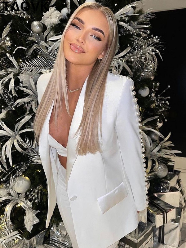 TAOVK Γυναικείο κοστούμι σακάκι Vintage Πέρλες Μπουφάν με χάντρες με παντελόνι Office Outwear Streetwear σετ 2 τεμαχίων