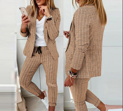 CM.YAYA Houndstooth Γυναικεία κοστούμι παντελόνι γραφείου και μπλουζάκια που ταιριάζουν σε δύο σετ 2 τεμαχίων Κομψή γυναικεία φόρμα αθλητικής φόρμας