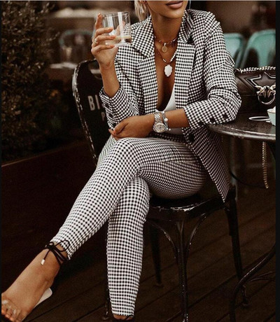 CM.YAYA Houndstooth Γυναικεία κοστούμι παντελόνι γραφείου και μπλουζάκια που ταιριάζουν σε δύο σετ 2 τεμαχίων Κομψή γυναικεία φόρμα αθλητικής φόρμας
