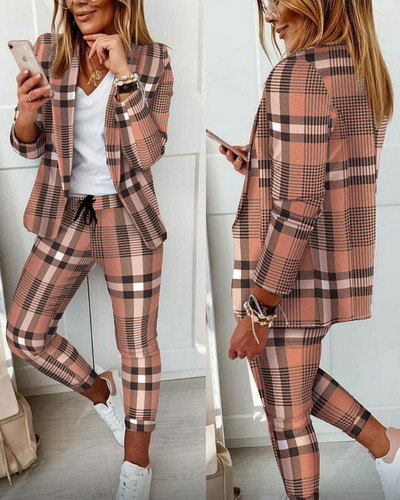 CM.YAYA Houndstooth Γυναικεία κοστούμι παντελόνι γραφείου και μπλουζάκια που ταιριάζουν σε δύο σετ 2 τεμαχίων Κομψή γυναικεία φόρμα αθλητικής φόρμας