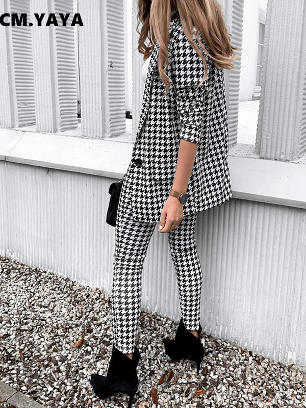 CM.YAYA Houndstooth Γυναικεία κοστούμι παντελόνι γραφείου και μπλουζάκια που ταιριάζουν σε δύο σετ 2 τεμαχίων Κομψή γυναικεία φόρμα αθλητικής φόρμας