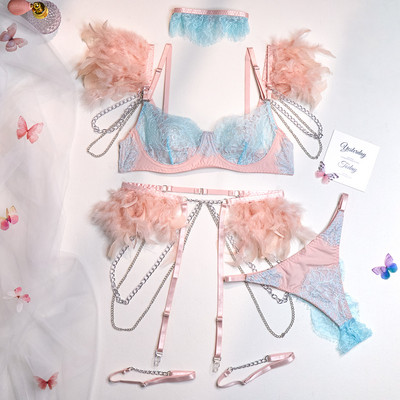 Ellolace Feather Εσώρουχα με Αλυσίδα Πολυτελή Δαντέλα Λεπτά Εσώρουχα Χωρίς λογοκρισία Fancy Intimate Fine Ζώνη Garter Εξωτικά Σετ