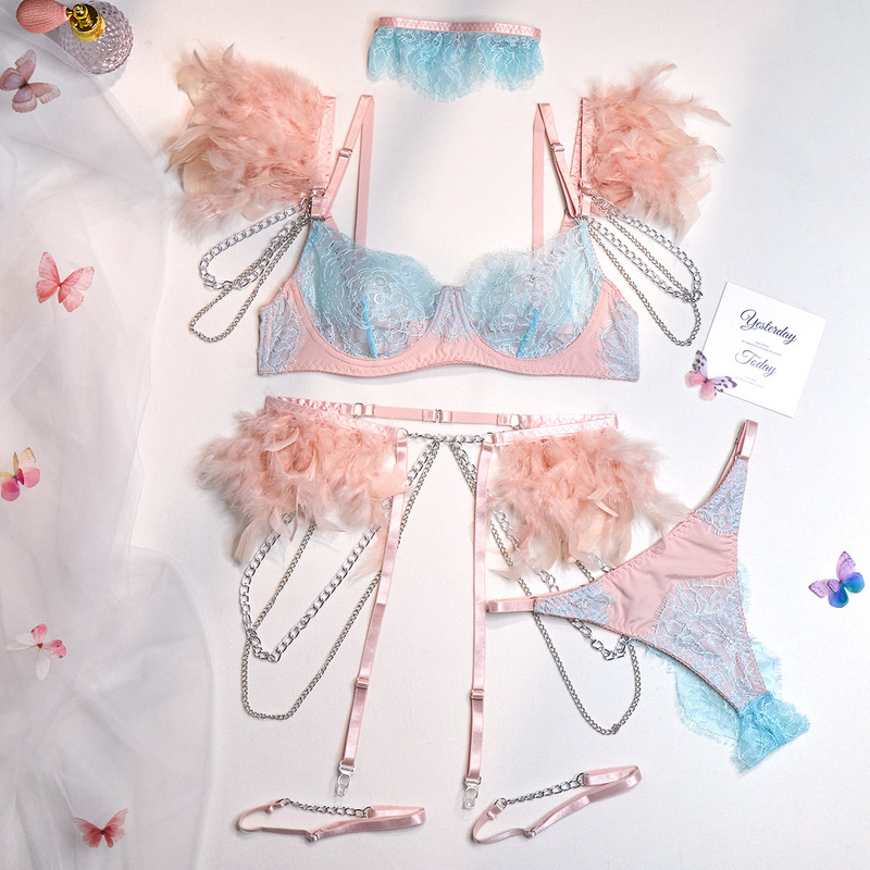 Ellolace Feather Εσώρουχα με Αλυσίδα Πολυτελή Δαντέλα Λεπτά Εσώρουχα Χωρίς λογοκρισία Fancy Intimate Fine Ζώνη Garter Εξωτικά Σετ