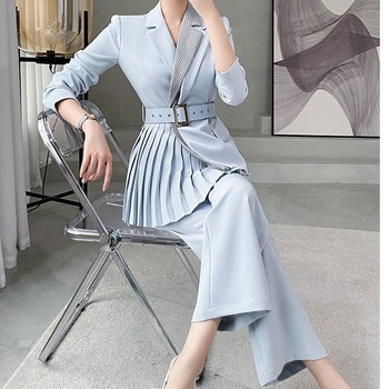 Φόρεμα ακανόνιστα πλισέ ζιβάγκο Παλτό OL Κοστούμι γιακά γυριστό Ζακέτα μπλούζες με ζακέτα + μακρύ παντελόνι Άνοιξη Φθινόπωρο Σετ 2 τμχ