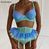 Seksi donje rublje Žensko donje rublje Komplet donjeg rublja od čipke Push Up grudnjak Mrežasta spavaćica Mrežasta prozirna garnitura Patchwork boja