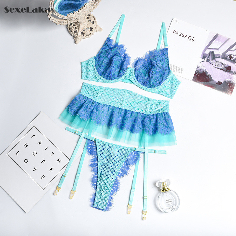 Seksi donje rublje Žensko donje rublje Komplet donjeg rublja od čipke Push Up grudnjak Mrežasta spavaćica Mrežasta prozirna garnitura Patchwork boja