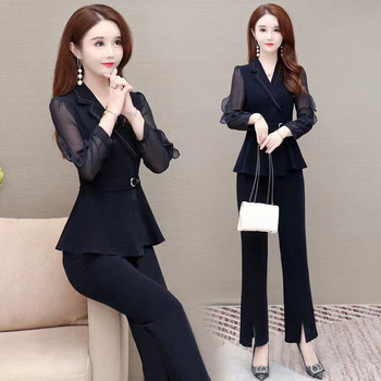 Κορεάτικη μόδα Κομψό γυναικείο παντελόνι Κοστούμι μόδας δαντέλα πουκάμισο σιφόν παντελόνι Παντελόνι σετ δύο τεμαχίων Γυναικείο παλτό γραφείου