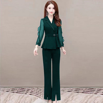 Корейска мода Елегантен дамски панталон Костюм Модна дантелена шифонова риза Палто Панталони Комплект от две части Дамски офис сако Палто