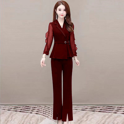 Κορεάτικη μόδα Κομψό γυναικείο παντελόνι Κοστούμι μόδας δαντέλα πουκάμισο σιφόν παντελόνι Παντελόνι σετ δύο τεμαχίων Γυναικείο παλτό γραφείου
