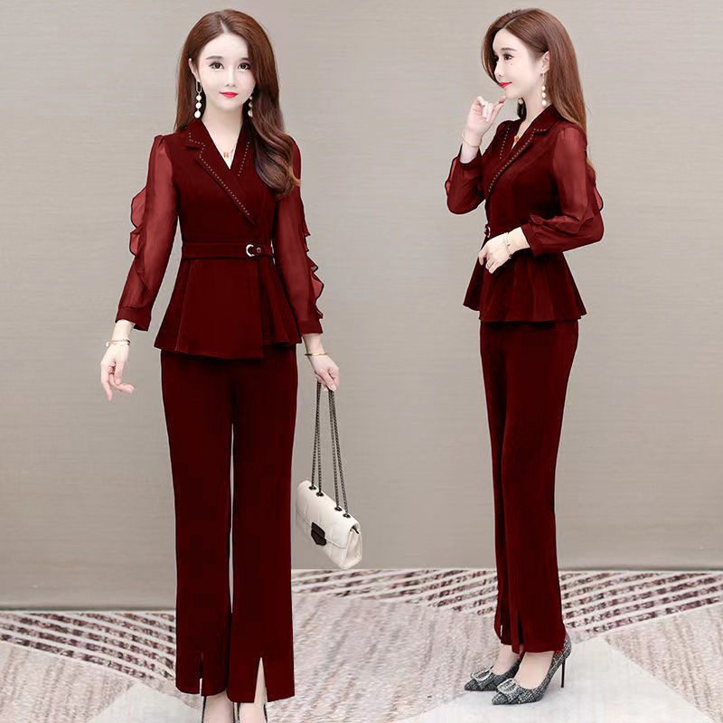Κορεάτικη μόδα Κομψό γυναικείο παντελόνι Κοστούμι μόδας δαντέλα πουκάμισο σιφόν παντελόνι Παντελόνι σετ δύο τεμαχίων Γυναικείο παλτό γραφείου