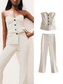 TFMLN 2 tk. Naiste soliidsed bleiserikomplektid 2022. aasta ilusad õlarihmadeta üherealised topid + sirged lõhikuga püksid lihtsad lukuga püksid