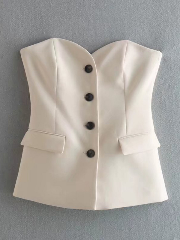 TFMLN 2 tk. Naiste soliidsed bleiserikomplektid 2022. aasta ilusad õlarihmadeta üherealised topid + sirged lõhikuga püksid lihtsad lukuga püksid