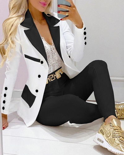 2022 Women Turn Down Collar Double Breasted Long Sleeve Blazer Coat & Plain Pants Set Two Piece Elegant Suit Office Lady Outfits
