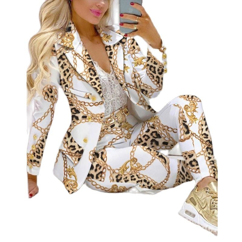 2022 Office Lady Outfits Φθινοπωρινό επίσημο γυναικείο μπουφάν και παντελόνι Γυναικείο σετ δύο τεμαχίων Chain Print Blazer Σετ κοστούμι παλτό & παντελόνι