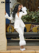 CM.YAYA Γούνινη φόρμα σακάκι που συνδέει το στρίφωμα για γυναίκες Κομψό ίσιο παντελόνι Δύο σετ 2 τεμαχίων Φόρμα γυμναστικής Office Lady Street INS