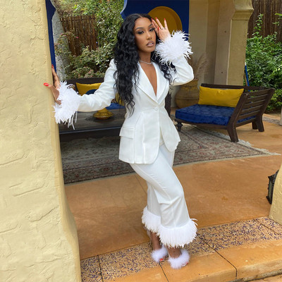 CM.YAYA Γούνινη φόρμα σακάκι που συνδέει το στρίφωμα για γυναίκες Κομψό ίσιο παντελόνι Δύο σετ 2 τεμαχίων Φόρμα γυμναστικής Office Lady Street INS