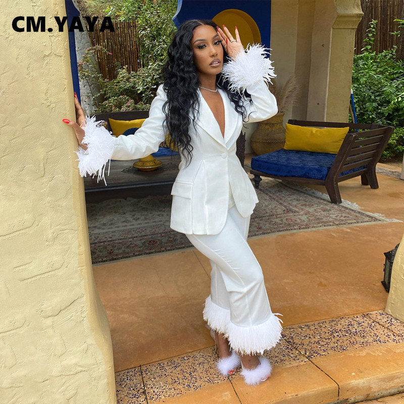 CM.YAYA Γούνινη φόρμα σακάκι που συνδέει το στρίφωμα για γυναίκες Κομψό ίσιο παντελόνι Δύο σετ 2 τεμαχίων Φόρμα γυμναστικής Office Lady Street INS