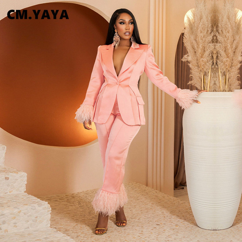 CM.YAYA Γούνινη φόρμα σακάκι που συνδέει το στρίφωμα για γυναίκες Κομψό ίσιο παντελόνι Δύο σετ 2 τεμαχίων Φόρμα γυμναστικής Office Lady Street INS